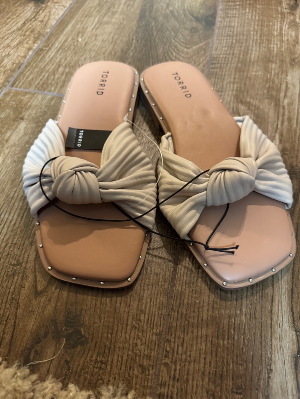 7WW torrid Cream Knotted Pleat Slide Sandals with Stud Trim